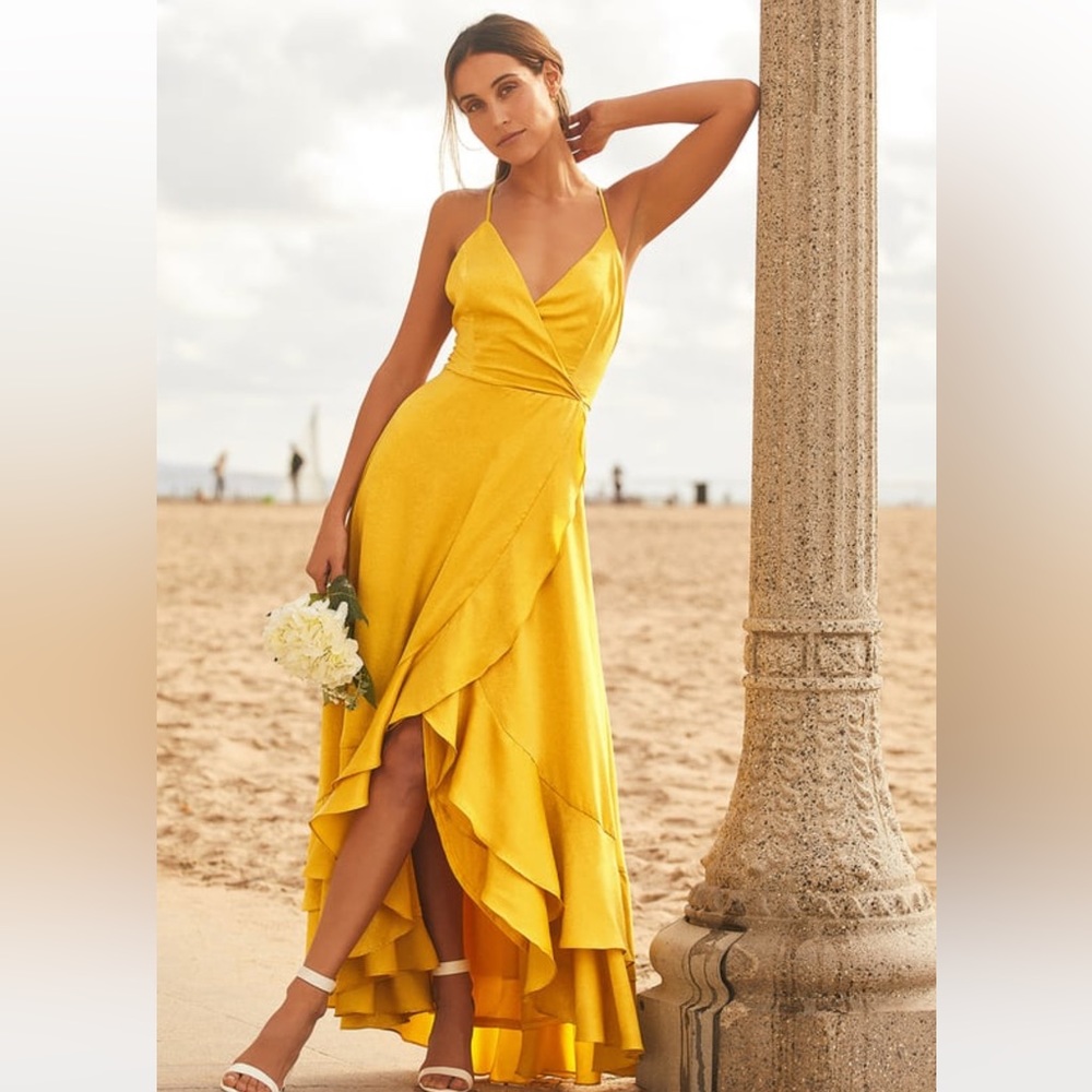 Lulus In Love Forever Mustard Yellow Satin Dress, Size M